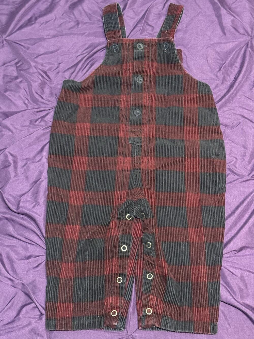 Vintage 90s GAP Baby Corduroy Buffalo Plaid Longalls Overalls 12–18 Mo Red Navy